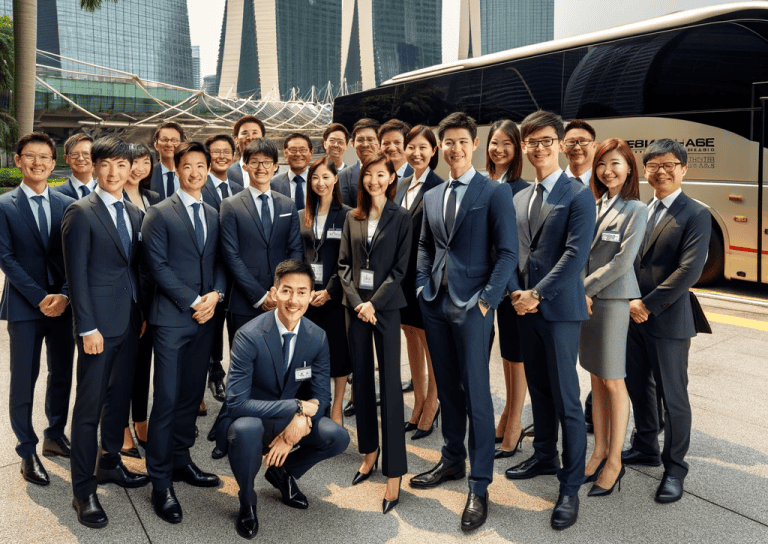 Professional business team in formal suits outside Singapore skyscrapers and bus.