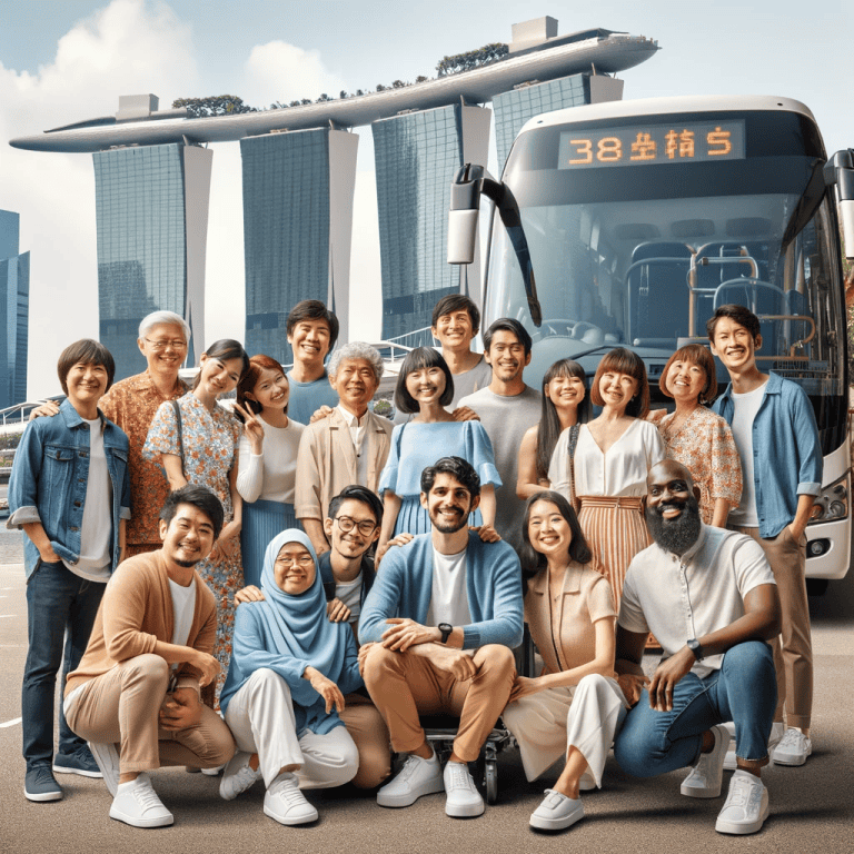 Bus rental Singapore, group of diverse happy people in front of a bus with Marina Bay Sands in background, team travel, corporate event.