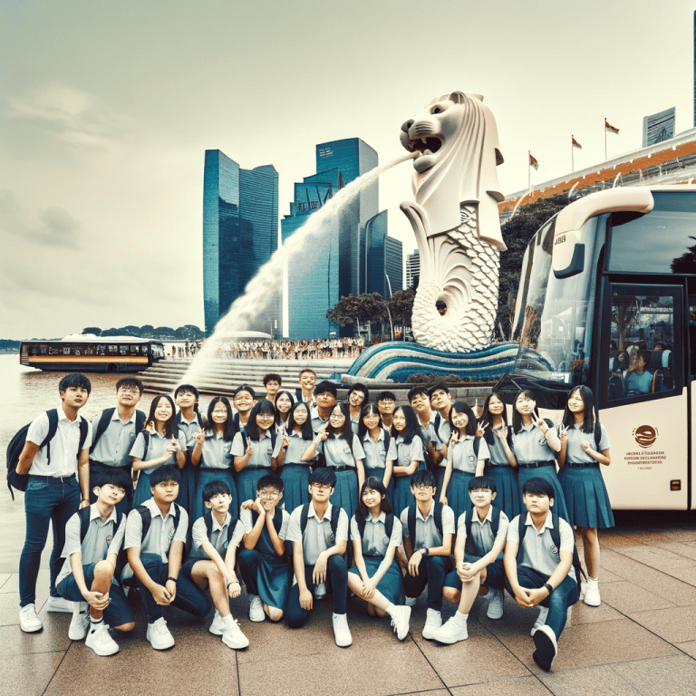 Singapore group of school children sightseeing in front of Merlion Park with bus, travel, tourism, Singapore landmarks, and transportation.