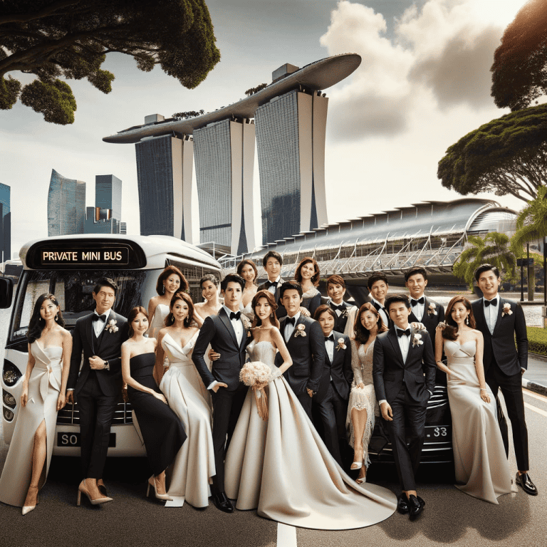 Luxury wedding party with a private mini bus in front of Marina Bay Sands, Singapore.