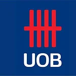 UOB logo on blue background, financial services and banking in Singapore.