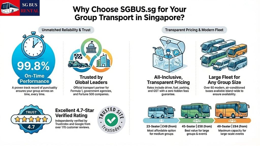 Safe and reliable bus rental services in Singapore with modern fleet options.