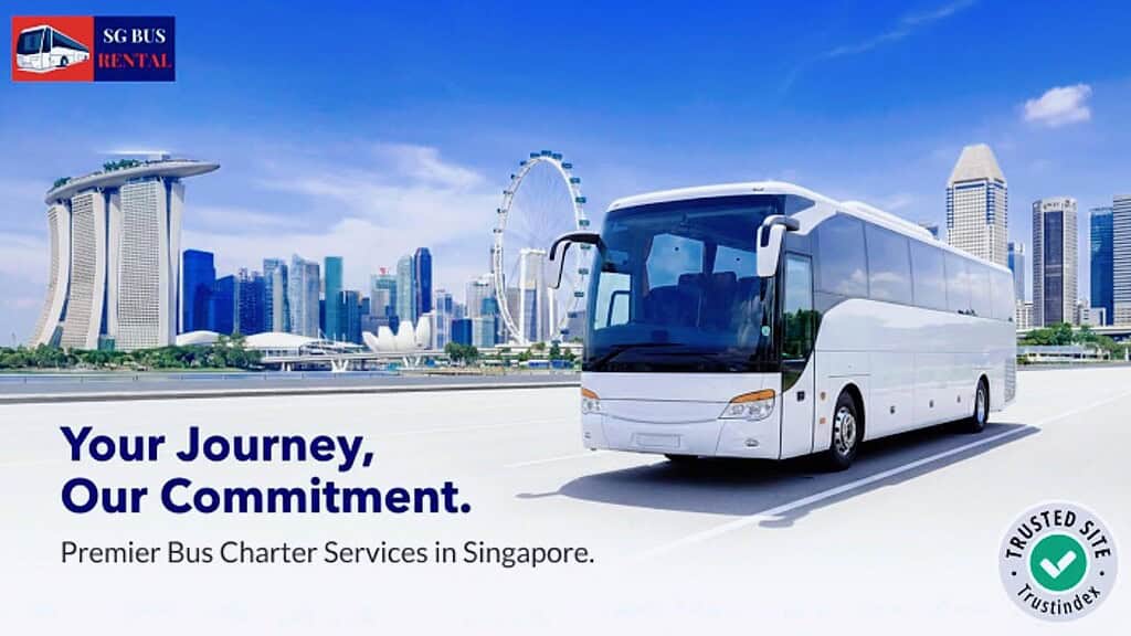 Luxury white bus traveling in Singapore city skyline with Marina Bay Sands and Singapore Flyer; trusted bus charter service.